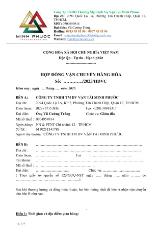 Sản phẩm hop dong van chuyen minh phuoc mau 1 1739526329 — Công Ty TNHH Thương Mại - Dịch Vụ - Vận Tải Minh Phước — MST 0304954914