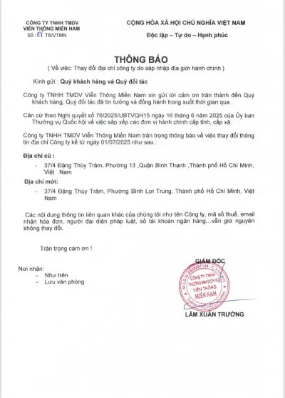 Sản phẩm thong bao thay doi dia chi 2025 — Công Ty TNHH TM DV Viễn Thông Miền Nam — MST 0305357124