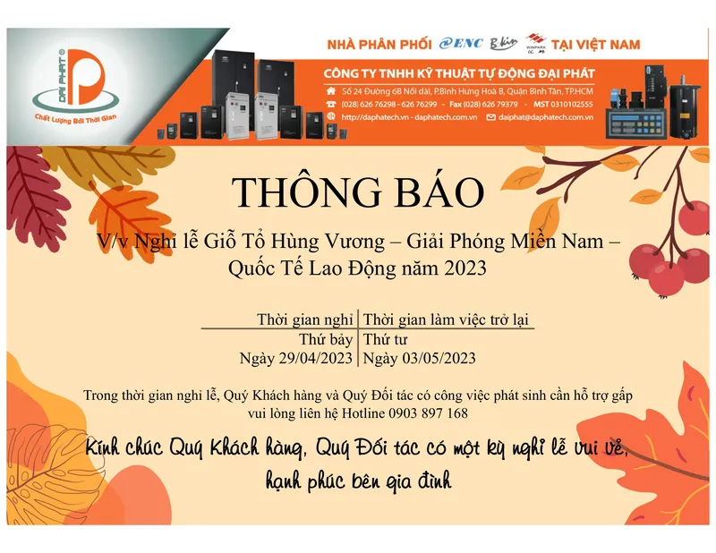 Sản phẩm Thong bao Nghi le Gio to 30 4 1 5 2023 1 — Tự Động Đại Phát - Công Ty TNHH Kỹ Thuật Tự Động Đại Phát — MST 0310102555
