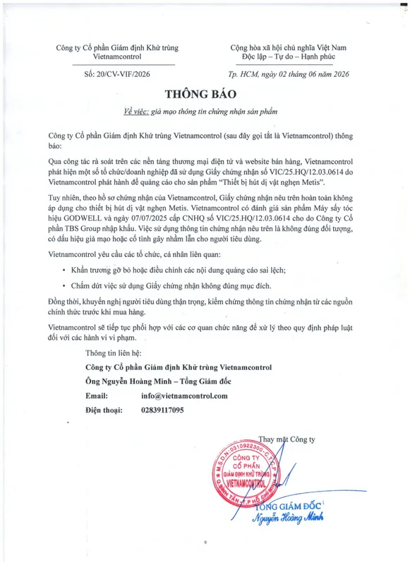 Sản phẩm 20_CV VIF_2026%20Gi%E1%BA%A3%20m%E1%BA%A1o%20th%C3%B4ng%20tin%20ch%E1%BB%A9ng%20nh%E1%BA%ADn%20s%E1%BA%A3n%20ph%E1%BA%A9m%20s%E1%BB%91%20VIC%2025.HQ%2012.03.0614_page 0001_4 — Công Ty Cổ Phần Giám Định Khử Trùng VietnamControl — MST 0310922300