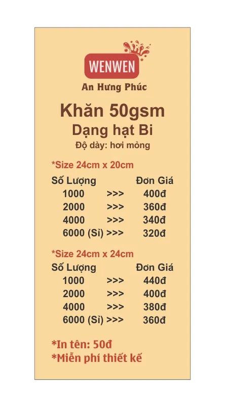 Sản phẩm gia khan bi 50gsm(2) — Khăn Lạnh An Hưng Phúc - Công Ty TNHH Thương Mại Sản Xuất Khăn Giấy An Hưng Phúc — MST 0311784685