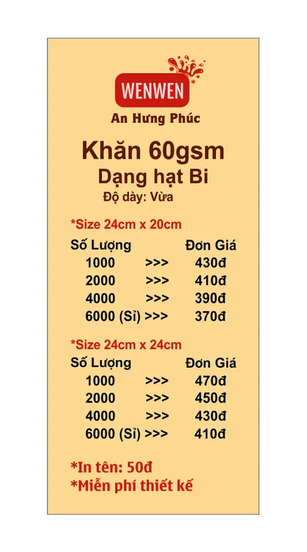 Sản phẩm gia khan bi 60gsm(1) — Khăn Lạnh An Hưng Phúc - Công Ty TNHH Thương Mại Sản Xuất Khăn Giấy An Hưng Phúc — MST 0311784685