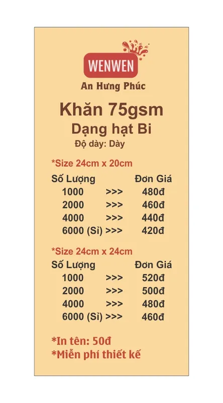 Sản phẩm gia khan bi 75gsm — Khăn Lạnh An Hưng Phúc - Công Ty TNHH Thương Mại Sản Xuất Khăn Giấy An Hưng Phúc — MST 0311784685
