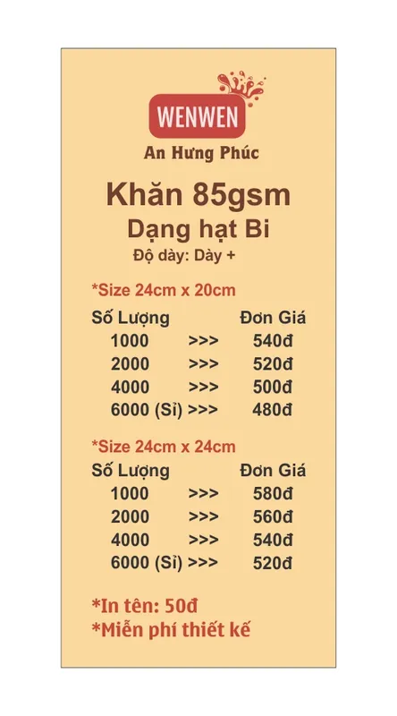 Sản phẩm gia khan bi 85gsm — Khăn Lạnh An Hưng Phúc - Công Ty TNHH Thương Mại Sản Xuất Khăn Giấy An Hưng Phúc — MST 0311784685