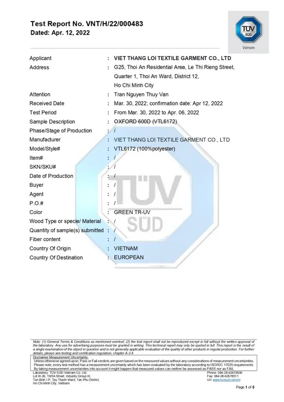 Sản phẩm BANG TEST DBAS GREEN TR C5_page 0001 724x1024 — Công Ty TNHH Dệt May Việt Thắng Lợi — MST 0311881953