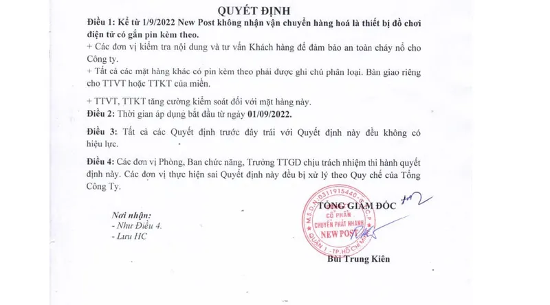 Sản phẩm quyet dinh khong van chuyen hang hoa — Công Ty Cổ Phần Chuyển Phát Nhanh Newpost — MST 0311915440