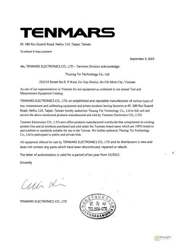 Sản phẩm TENMARS AUTHORIZATION FOR THUONG TIN 582x800.png — Công Ty TNHH Công Nghệ Thương Tín — MST 0312076692