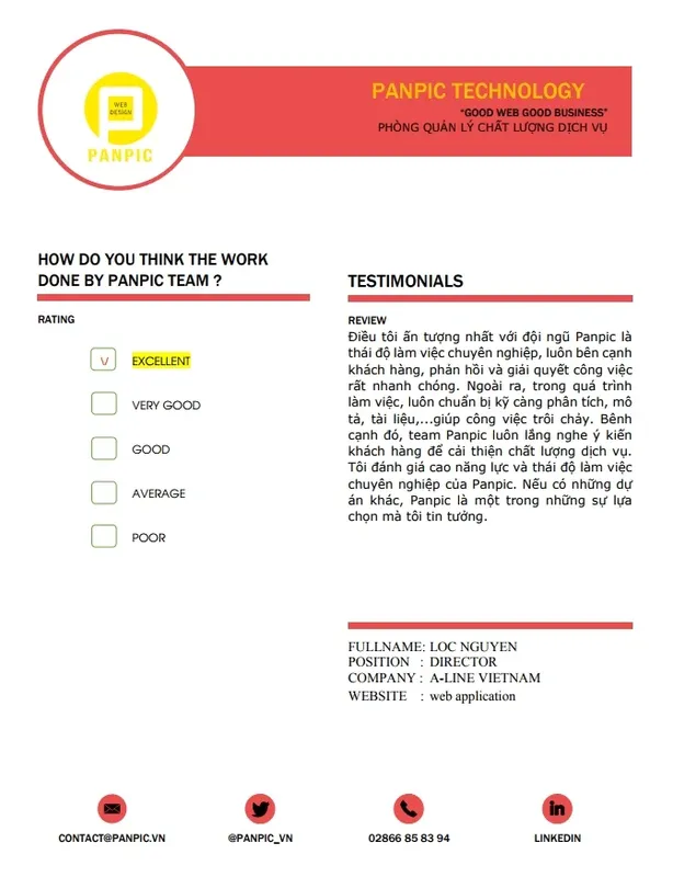 Sản phẩm panpic rating review by web app aline — Công Ty Công Nghệ Panpic — MST 0312405996