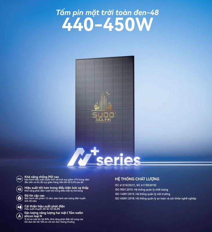 Sản phẩm Tam Pin Mat Troi All Black QM210THCDQ 440–450W — SUDO SOLAR - Công Ty TNHH Sản Xuất Cửa Miền Nam — MST 0313323136