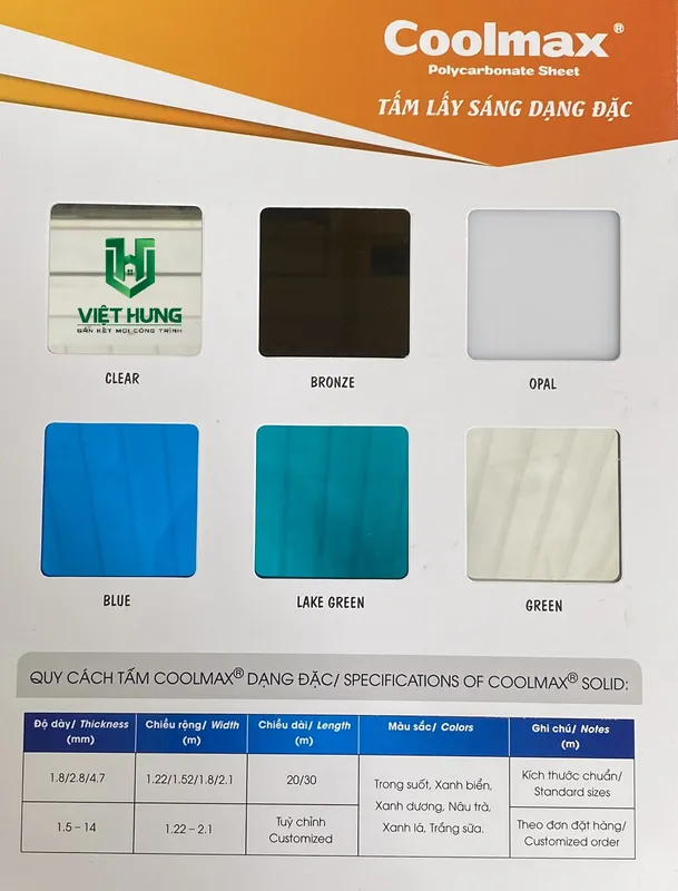 Sản phẩm bang mau catalo tam lop lay sang polycarbonate dac ruot coolmax malaysia — Công Ty TNHH Thương Mại Dịch Vụ Phát Triển Việt Hưng — MST 0313417024