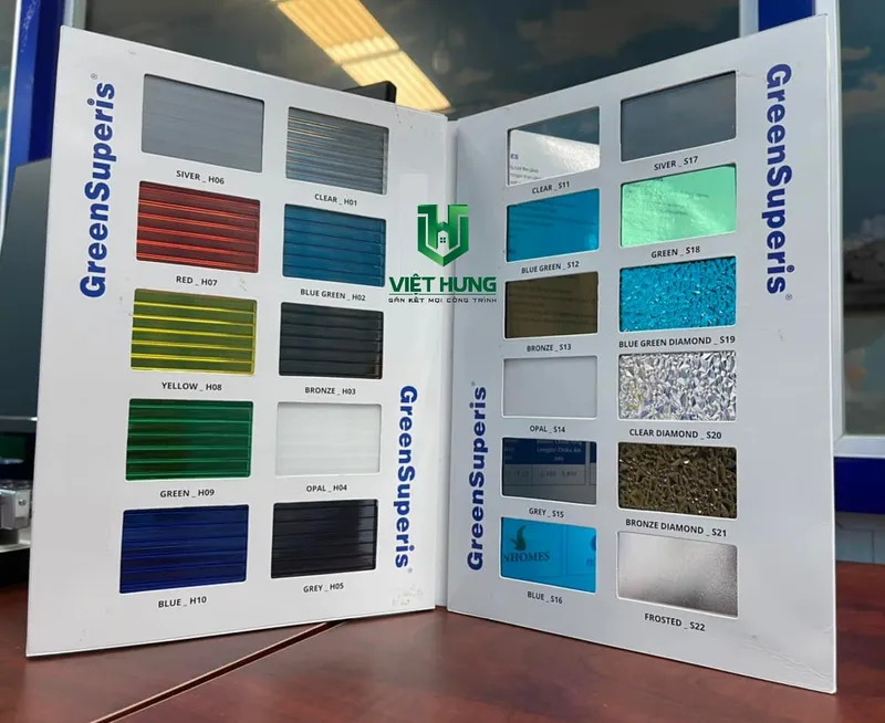 Sản phẩm bang mau catalo tam polycarbonate dac ruot greensuperis dai loan — Công Ty TNHH Thương Mại Dịch Vụ Phát Triển Việt Hưng — MST 0313417024