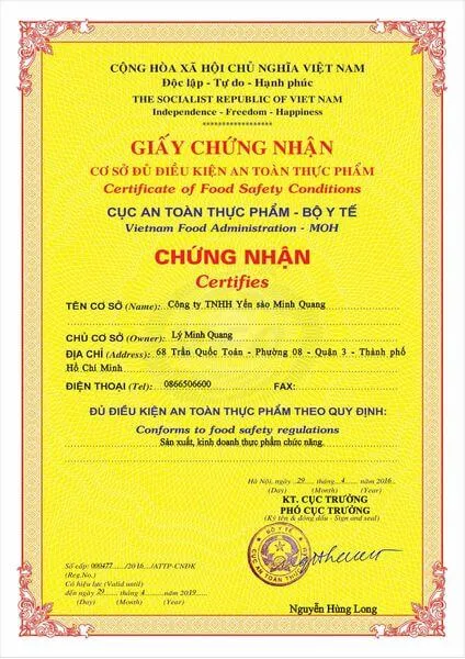Sản phẩm antoanthucphamyensaominhquang — Yến Sào Minh Quang - Công Ty TNHH Yến Sào Minh Quang — MST 0313476414