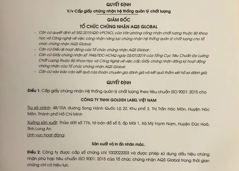 Sản phẩm chưng chi — Công Ty TNHH Golden Label Việt Nam — MST 0314279391