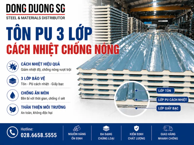 Sản phẩm ton PU 3 lop cach nhiet chong nong — Công Ty TNHH TM DV Vật Liệu Xây Dựng Đông Dương SG — MST 0314451282