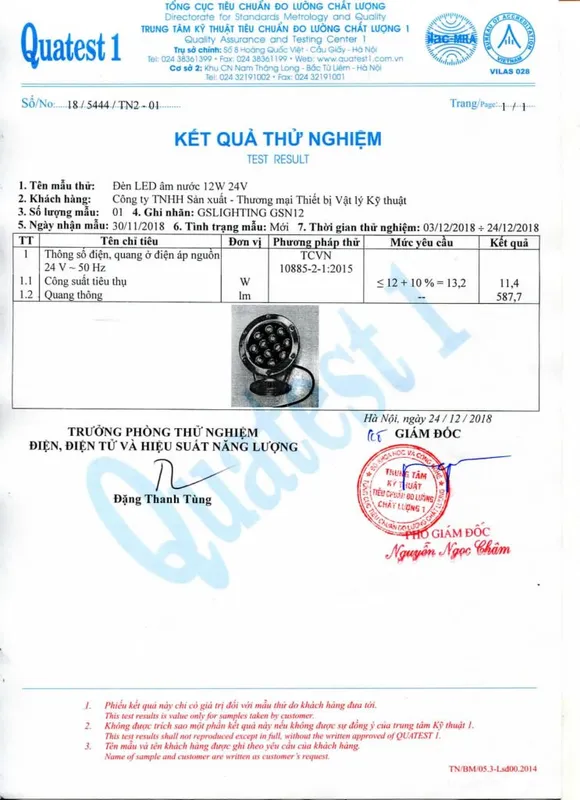 Sản phẩm Ket qua thu nghiem Den LED am nuoc 12W 24V 743x1024 — Công Ty TNHH Gslighting Sài Gòn — MST 0315034429
