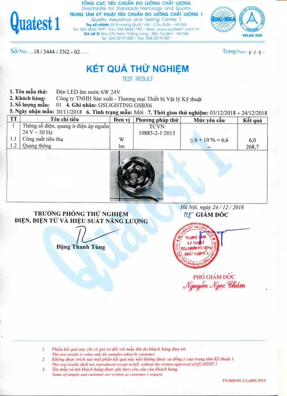 Sản phẩm Ket qua thu nghiem Den LED am nuoc 6W 24V 743x1024 — Công Ty TNHH Gslighting Sài Gòn — MST 0315034429
