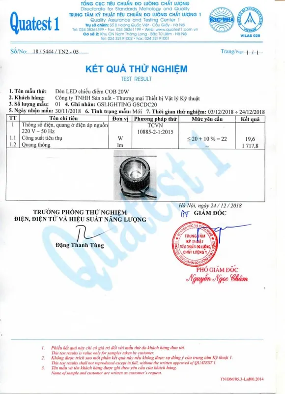 Sản phẩm Ket qua thu nghiem Den LED chieu diem COB 20W 743x1024 — Công Ty TNHH Gslighting Sài Gòn — MST 0315034429