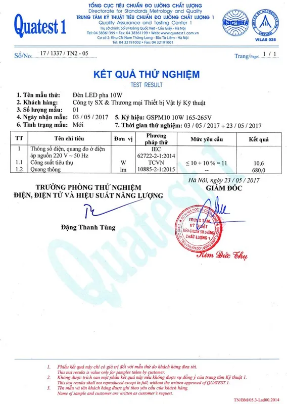 Sản phẩm Ket qua thu nghiem Den LED pha 10w 727x1024 — Công Ty TNHH Gslighting Sài Gòn — MST 0315034429