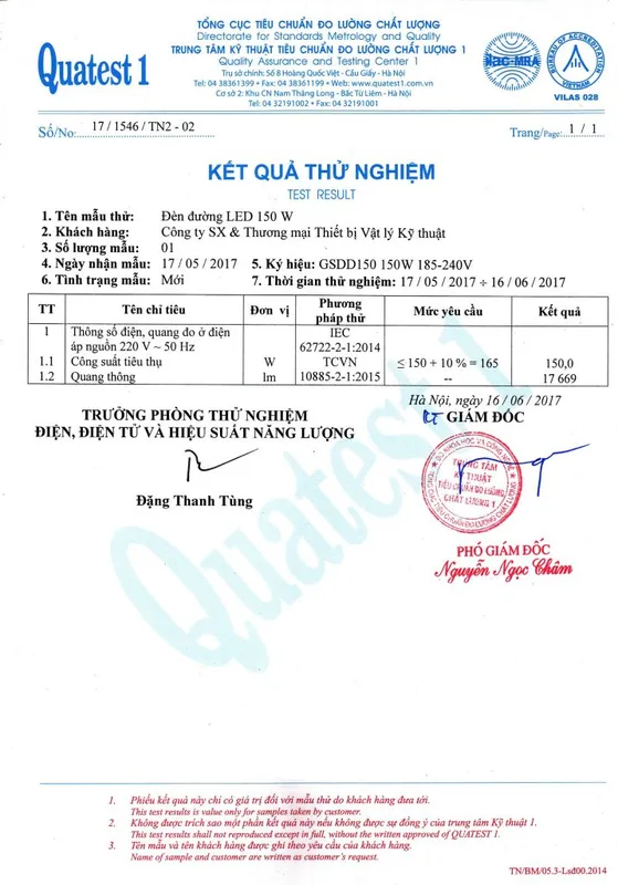 Sản phẩm Ket qua thu nghiem Den duong LED 150W 716x1024 — Công Ty TNHH Gslighting Sài Gòn — MST 0315034429