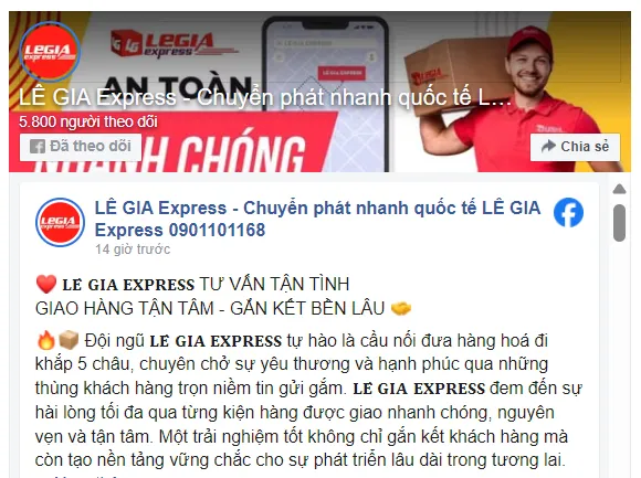 Sản phẩm fanpage legiaexpress — Công Ty TNHH Chuyển Phát Nhanh Lê Gia Express — MST 0315108494