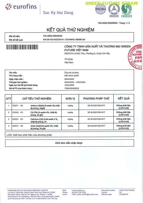 Sản phẩm TEST EROFINS GRASS STRAWS OF GREEN FUTURE VN PAGE 01 — ống Hút Cỏ Bàng Green Future - Công Ty TNHH Sản Xuất Và Thương Mại Green Future
Việt Nam — MST 0315448878