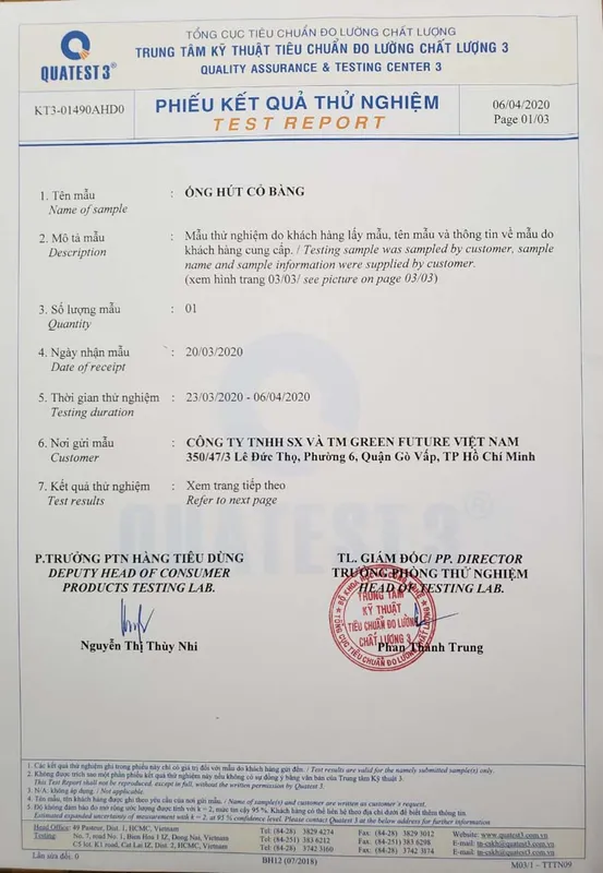 Sản phẩm TEST QUATEST 3 ONG HUT CO PAGE 01 — ống Hút Cỏ Bàng Green Future - Công Ty TNHH Sản Xuất Và Thương Mại Green Future
Việt Nam — MST 0315448878