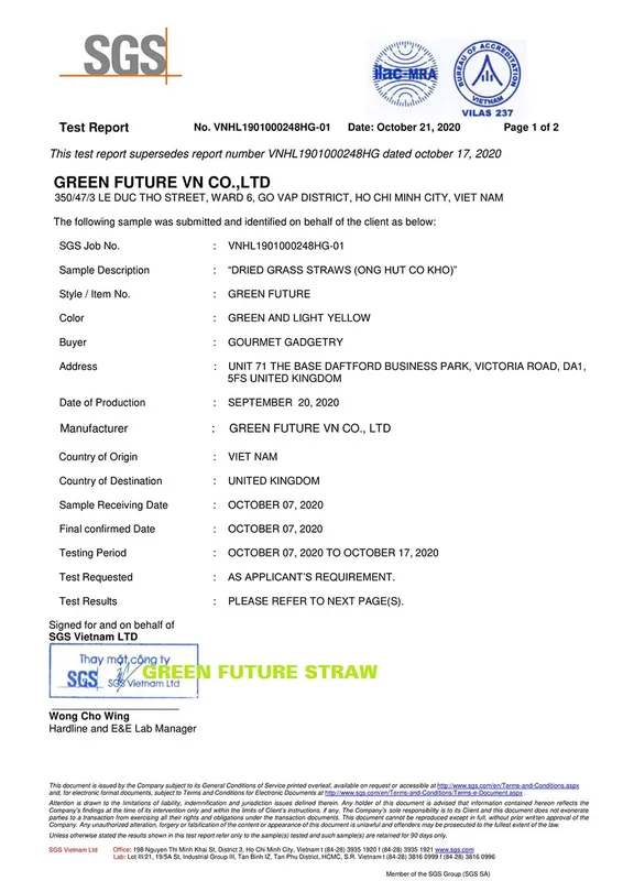 Sản phẩm TEST SGS FOR UK MARKET 01 — ống Hút Cỏ Bàng Green Future - Công Ty TNHH Sản Xuất Và Thương Mại Green Future
Việt Nam — MST 0315448878