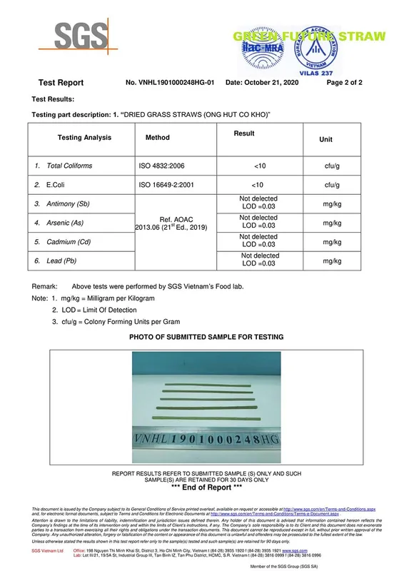 Sản phẩm TEST SGS FOR UK MARKET 02 — ống Hút Cỏ Bàng Green Future - Công Ty TNHH Sản Xuất Và Thương Mại Green Future
Việt Nam — MST 0315448878