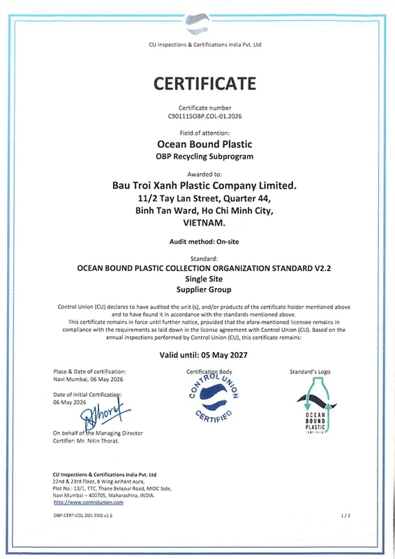 Sản phẩm OBP_CERT Bau_Troi_Xanh_1 — Hạt Nhựa Bầu Trời Xanh - Công Ty TNHH Nhựa Bầu Trời Xanh — MST 0315629088