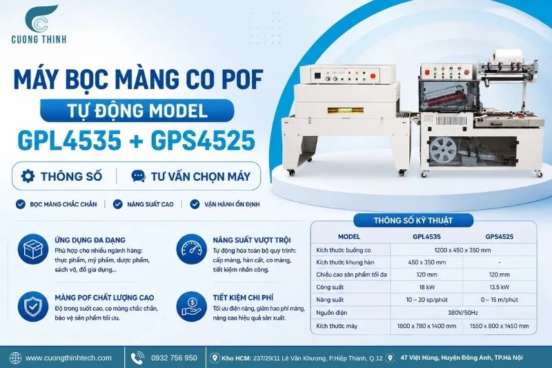 Sản phẩm MAY BOC MANG CO POF TU DONG MODEL GPL4535 GPS4525_ Thong so va tu van chon may — Màng Co Cường Thịnh - Công Ty TNHH Thiết Bị Điện Và Bao Bì Cường Thịnh — MST 0315977818