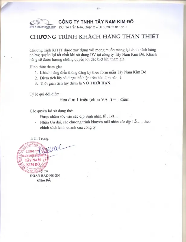 Sản phẩm chuong trinh khach hang than thiet — Công Ty TNHH Đông Nam Kim Đô — MST 0316152915