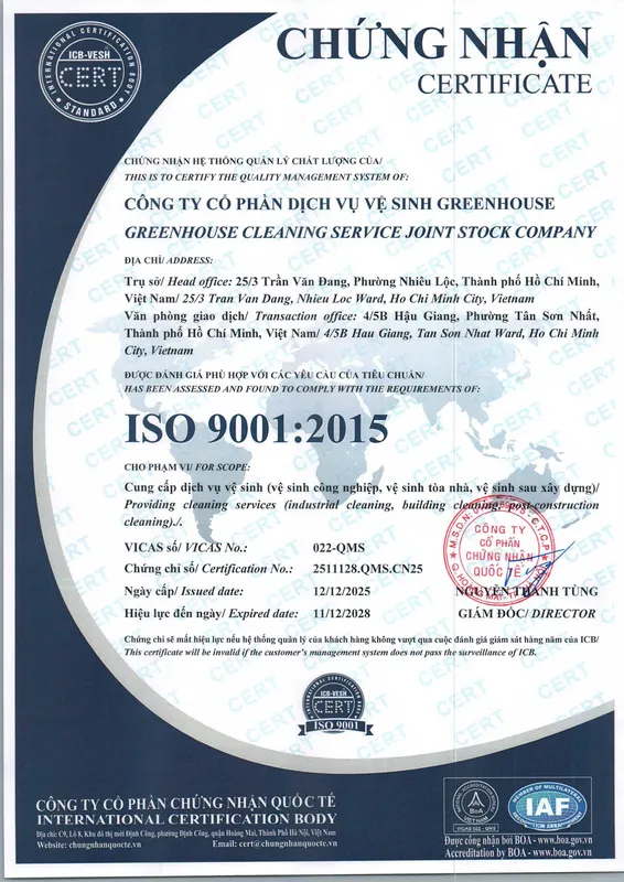 Sản phẩm CHá»¨NG NHáº¬N ISO — Vệ Sinh Greenhouse - Công Ty Cổ Phần Dịch Vụ Vệ Sinh Greenhouse — MST 0316266750