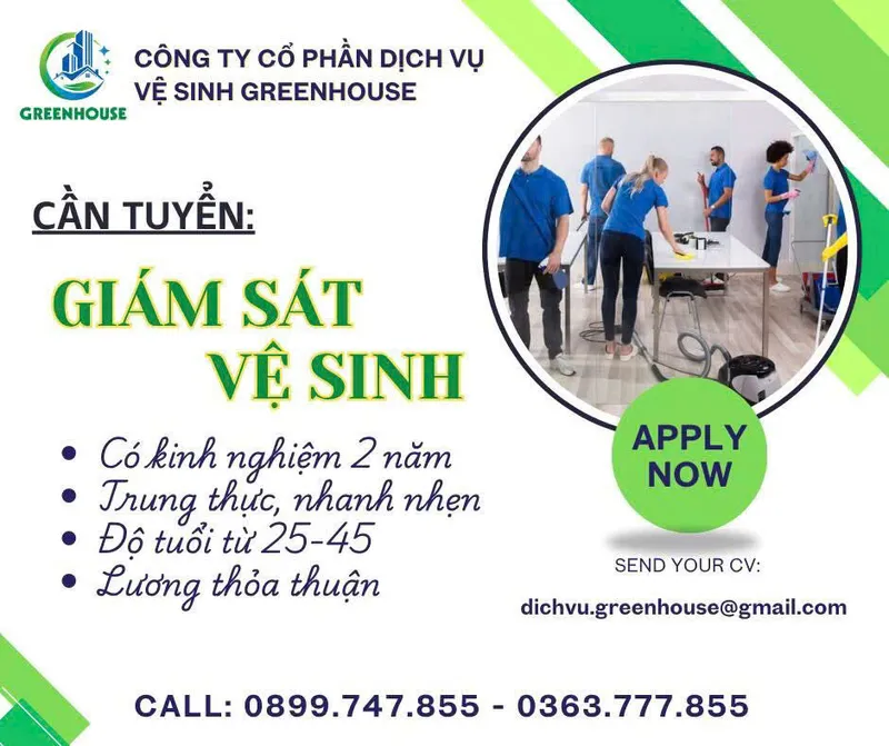 Sản phẩm tuyá»ƒn giÃ¡m sÃ¡t — Vệ Sinh Greenhouse - Công Ty Cổ Phần Dịch Vụ Vệ Sinh Greenhouse — MST 0316266750