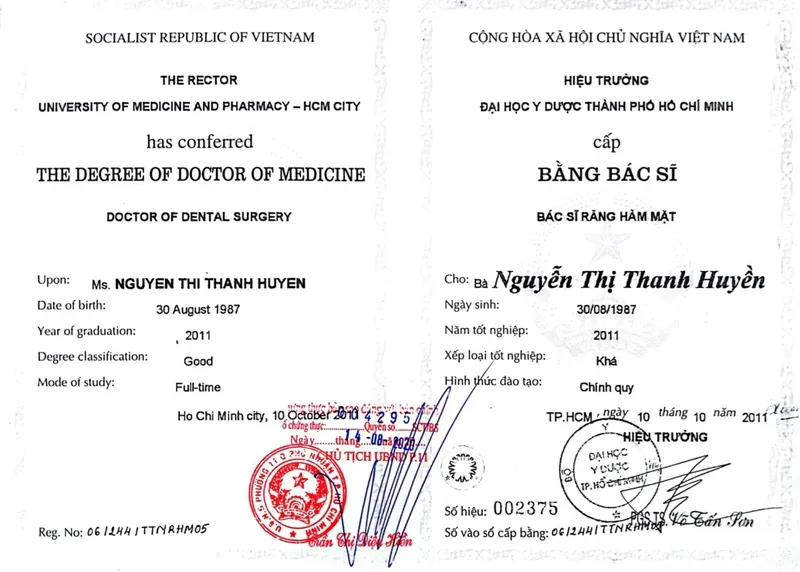 Sản phẩm bang cap bs huyen — Công Ty TNHH Nha Khoa Hoa Kỳ — MST 0316462836