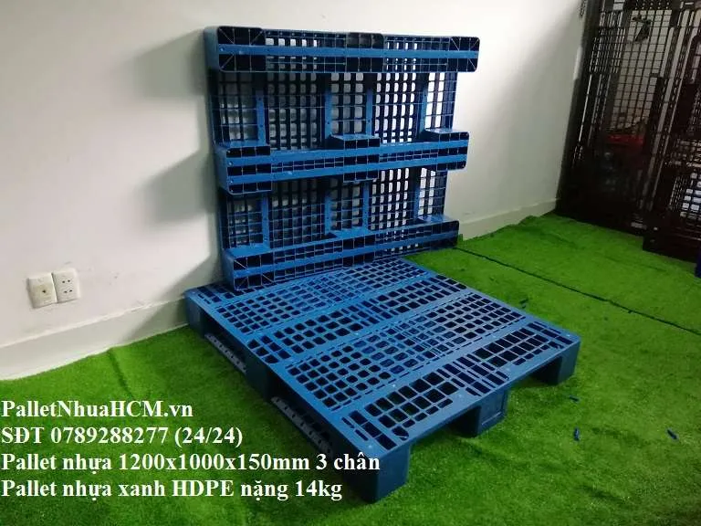 Sản phẩm palletnhuahcm 1200x1000x150mm mau xanh 3chan 39 — Công Ty TNHH Pallet Nhựa HCM — MST 0316492541