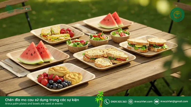 Sản phẩm Chen dia mo cau su dung trong cac su kien Areca palm plates and bowls are used at events 8 — Công Ty TNHH Arecaviet — MST 0316524419