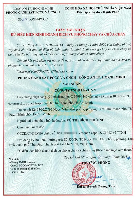Sản phẩm gia xac nhan du dieu kien kinh doanh pccc levu vietnam — Thiết Bị PCCC Levu - Công Ty TNHH Levu.vn — MST 0316994446