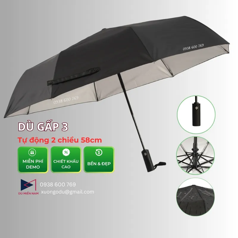 Sản phẩm Du gap 3 tu dong 2 chieu 58cm can nhua — Công Ty TNHH Ô Dù Quảng Cáo Miền Nam — MST 0317687261