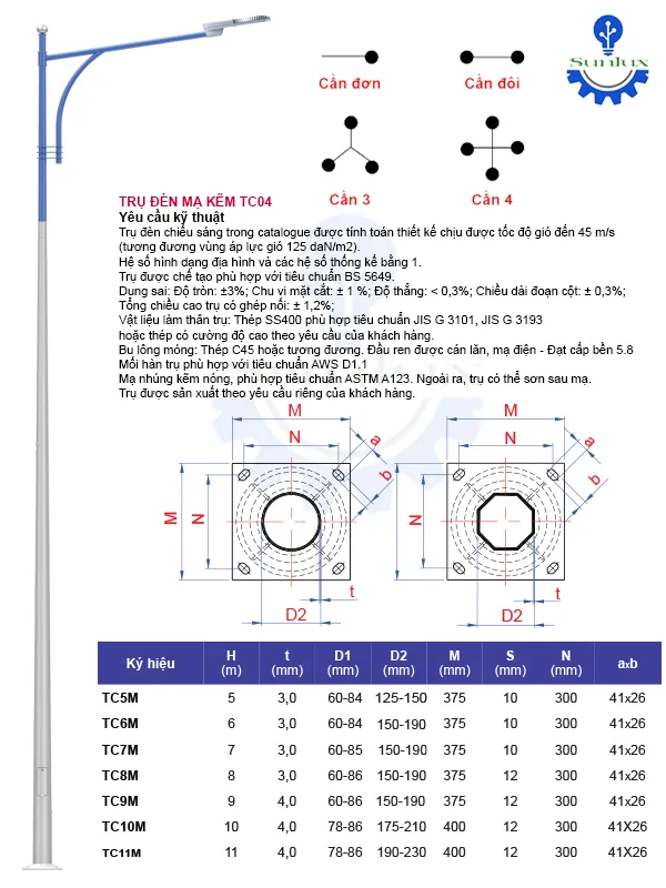 Sản phẩm Tru den cao ap TC04 — Công Ty TNHH Cơ Khí Điện Chiếu Sáng SUNLUX Việt Nam — MST 0318280461