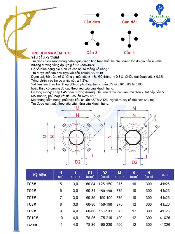 Sản phẩm Tru den cao ap TC10 — Công Ty TNHH Cơ Khí Điện Chiếu Sáng SUNLUX Việt Nam — MST 0318280461