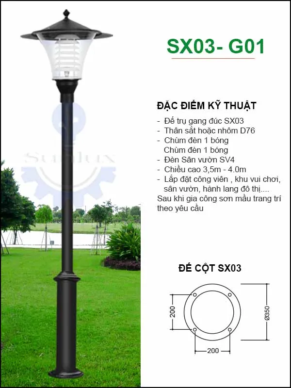 Sản phẩm tru den san vuon SX03 — Công Ty TNHH Cơ Khí Điện Chiếu Sáng SUNLUX Việt Nam — MST 0318280461