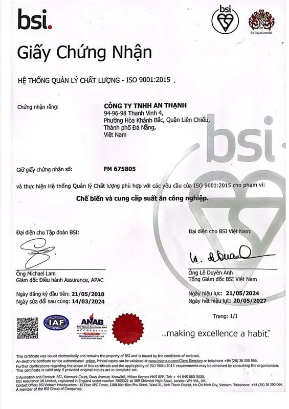 Sản phẩm iso 9001 2015 — Suất Ăn Công Nghiệp An Thạnh - Công Ty TNHH An Thạnh — MST 0400542007
