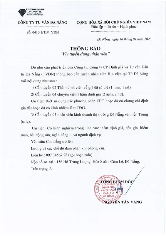 Sản phẩm tuyendung — Công Ty CP Định Giá Và Tư Vấn Đầu Tư Đà Nẵng-TVĐN — MST 0401586014