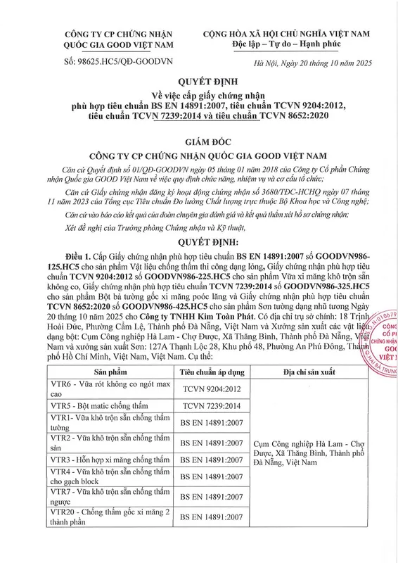 Sản phẩm 2 3730 — Vữa Khô Trộn Sẵn Chống Thấm Victory - Công Ty TNHH Kim Toàn Phát — MST 0401812785