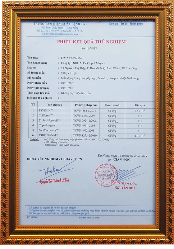 Sản phẩm phieu kiem dinh thu nghiem m4 — Công ty TNHH MTV Cà Phê MaYaCa — MST 0401832340
