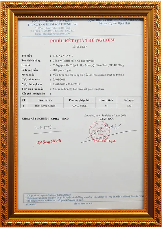 Sản phẩm phieu kiem dinh thu nghiem m5 hoa — Công ty TNHH MTV Cà Phê MaYaCa — MST 0401832340