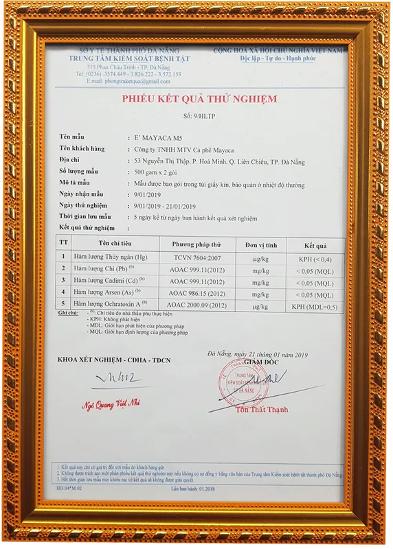 Sản phẩm phieu kiem dinh thu nghiem m5 ly — Công ty TNHH MTV Cà Phê MaYaCa — MST 0401832340