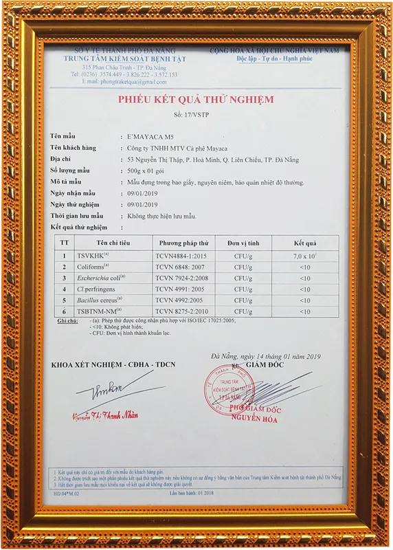 Sản phẩm phieu kiem dinh thu nghiem m5 sinh — Công ty TNHH MTV Cà Phê MaYaCa — MST 0401832340