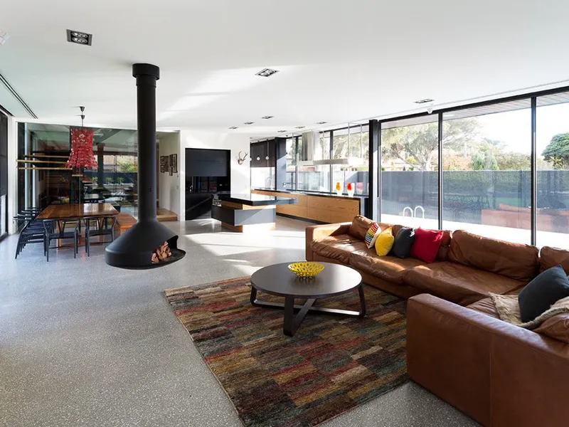 Sản phẩm scored concrete floors living room contemporary with glass wall metal standard height dining tables — Công Ty TNHH Một Thành Viên Quảng Cáo Xây Dựng Nội Thất Phương Linh — MST 0401863941