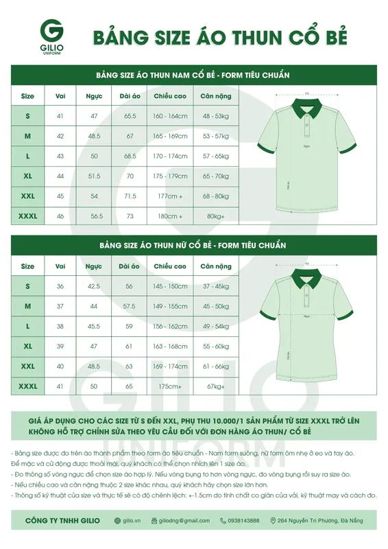 Sản phẩm BANG SIZE AO POLO CO TRON HANG MAY — Công Ty TNHH Gilio — MST 0402151947
